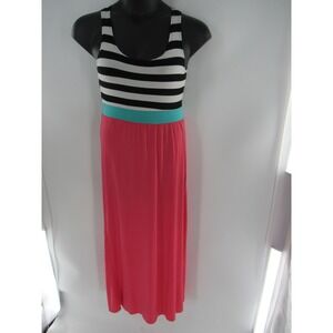 Women's Maxi Dress Striped Top Teal Band Coral Skirt Size: Medium Stretchy Soft